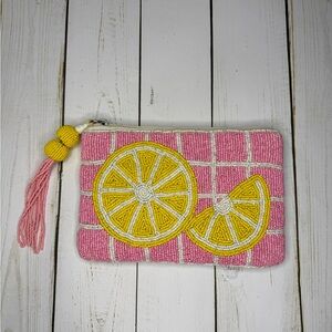 Pink Lemonade Beaded Pouch – Lemon Slice Clutch / Cosmetic Bag